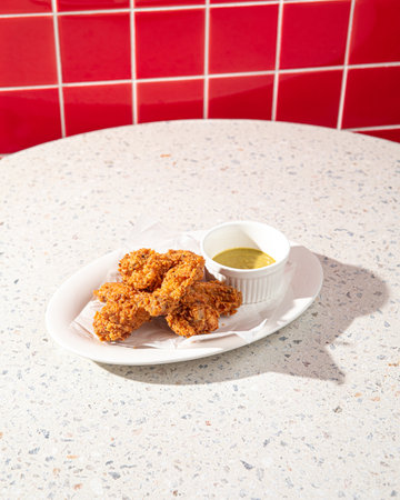 Golden fried chicken with sauce in the cafeの写真素材