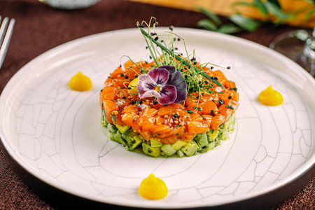 Portion of salmon tartare with chopped avocadoの写真素材