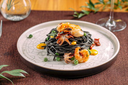Portion of gourmet black pasta with seafoodの写真素材