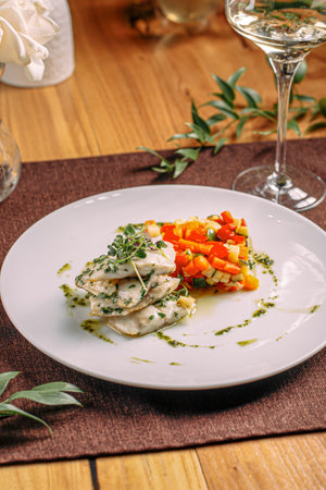 Portion of white fish with sauted vegetablesの写真素材