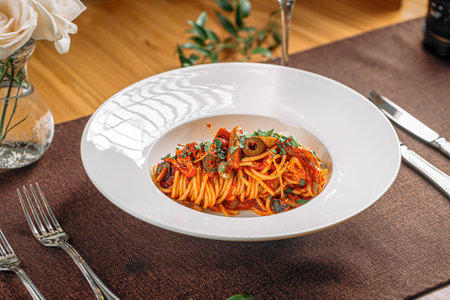 Spaghetti pasta with tomato sauce and olivesの写真素材