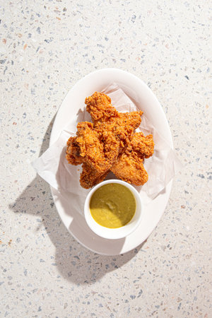 Golden fried chicken with sauce in the cafeの写真素材