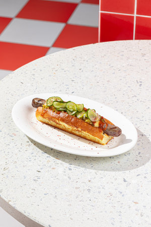 Fresh hotdog with cucumber and jalapenoの写真素材