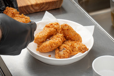 Chef puts the fried chicken wings on a plateの写真素材