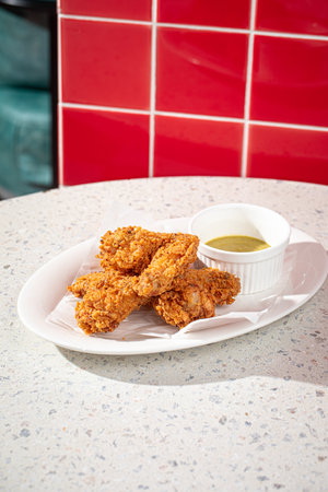 Golden fried chicken with sauce in the cafeの写真素材