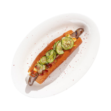Fresh hotdog with cucumber and jalapenoの写真素材