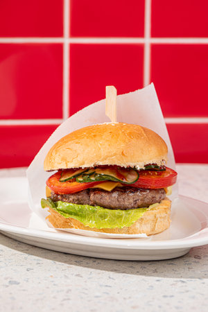 Closeup on american classic hamburgerの写真素材