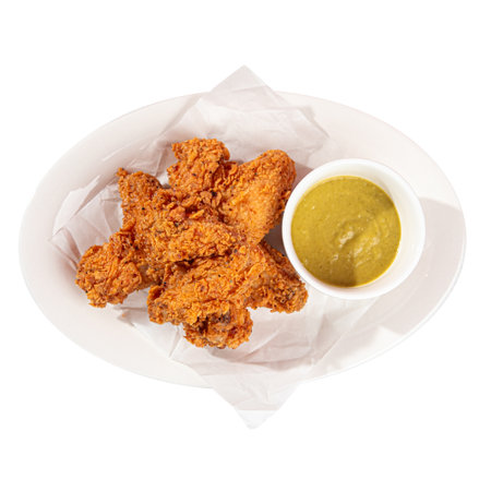 Golden fried chicken with sauce in the cafeの写真素材