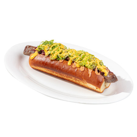 Portion of gourmet american hotdog with sauceの写真素材