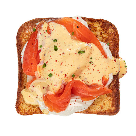 Brioche breakfast toast with egg and salmonの写真素材