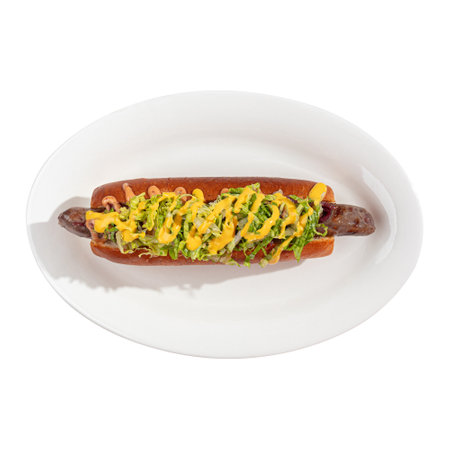 Portion of gourmet american hotdog with sauceの写真素材
