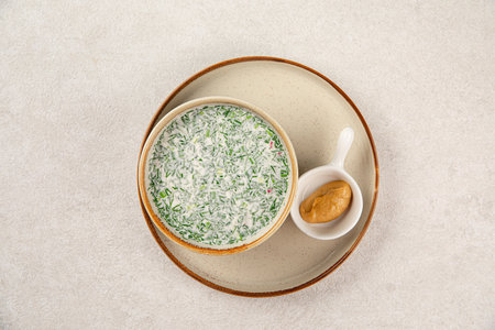 Portion of russian cold soup okroshkaの写真素材