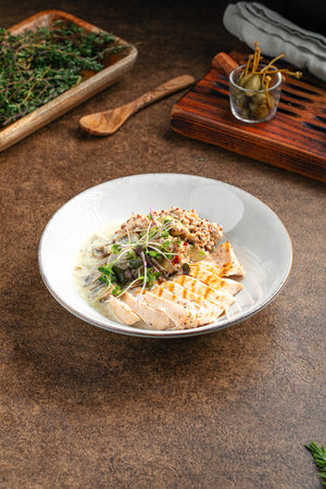 Healthy quinoa dish with creamy chicken breastの写真素材