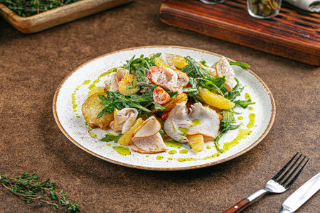 Smoked turkey salad with arugula and orangesの写真素材