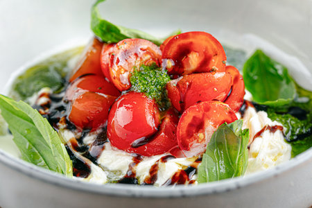 Gourmet appetizer with tomato and soft cheeseの写真素材