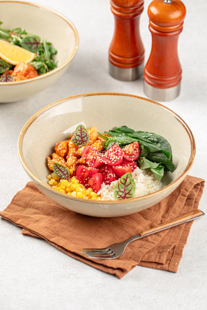 Portion of healthy poke bowlの写真素材
