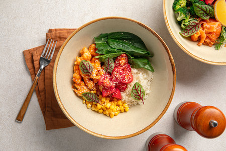 Portion of healthy poke bowlの写真素材