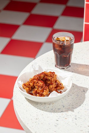 Crispy fried chicken thighs with drinkの写真素材