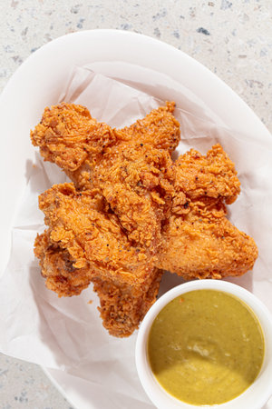 Golden fried chicken with sauce in the cafeの写真素材