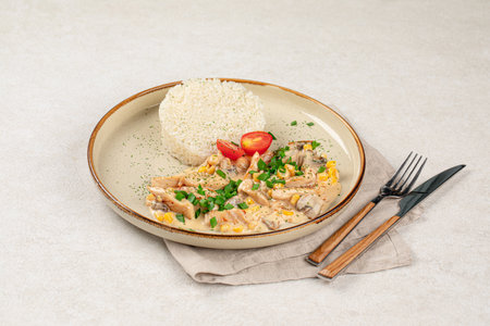 Portion of chicken fricassee with riceの写真素材