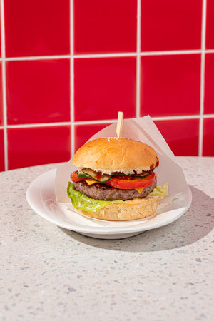 Closeup on american classic hamburgerの写真素材