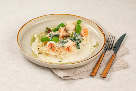 Portion of fettuccine with shrimps in cream sauceの写真素材