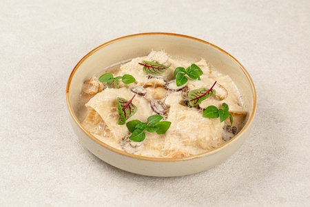 Portion of gourmet ravioli with cream sauceの写真素材