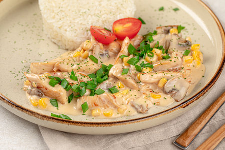 Portion of chicken fricassee with riceの写真素材