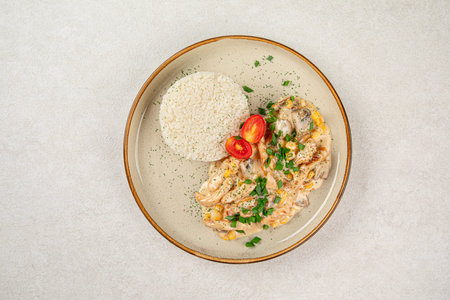 Portion of chicken fricassee with riceの写真素材