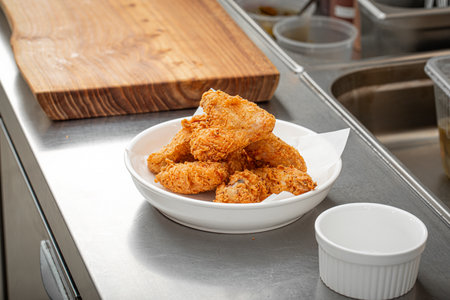 Golden fried chicken in the cafeの写真素材