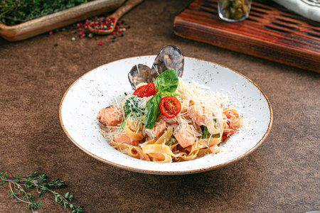 Portion of seafood salmon pastaの写真素材