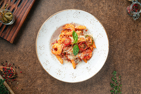 Portion of shrimp penne pastaの写真素材