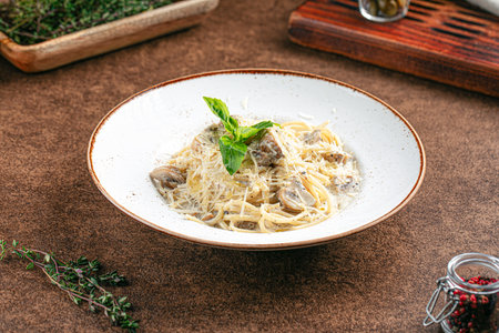 Portion of alfredo pasta with mushroomsの写真素材