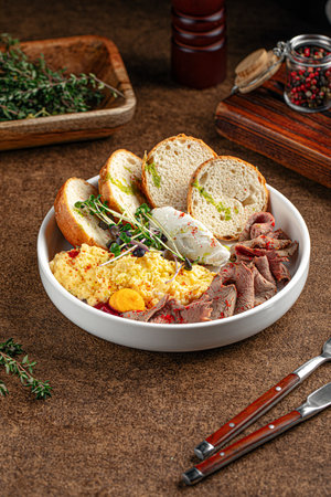 Portion of with scrambled eggs and pastramiの写真素材