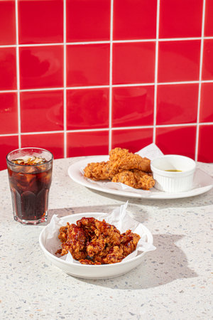 Table served with fried chicken and soda waterの写真素材