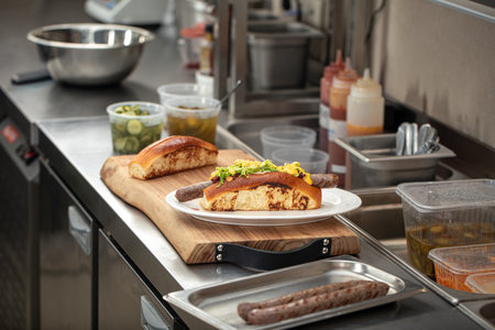 Preparing hot dogs in diner kitchen counterの写真素材