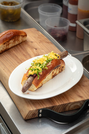 Preparing hot dogs in diner kitchen counterの写真素材