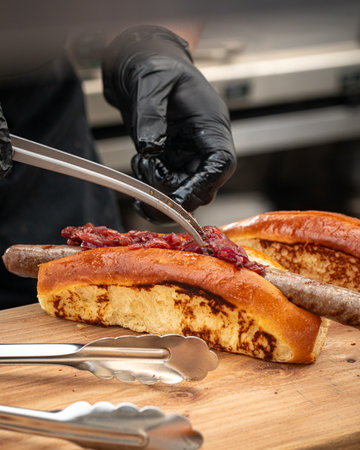 Chef preparing hot dog by adding fillingの写真素材