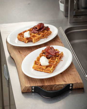 Portions of savory waffles with beef brisketsの写真素材