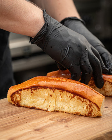 Chef hands preparing buns to make hot dogsの写真素材