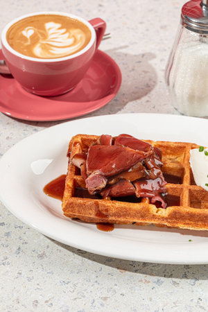 Portion of waffle with brisket and cream cheeseの写真素材
