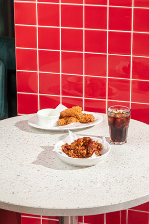 Table served with fried chicken and soda waterの写真素材