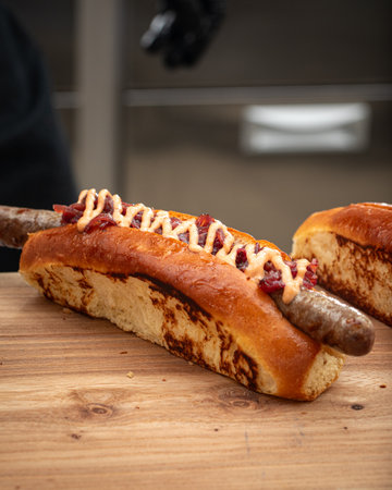 Hot dog in a process of preparation in kitchenの写真素材