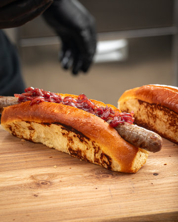 Hot dog in a process of preparation in kitchenの写真素材