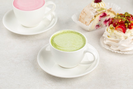 Various matcha cappuccino with dessertsの写真素材