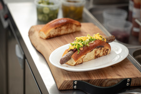 Preparing hot dogs in diner kitchen counterの写真素材