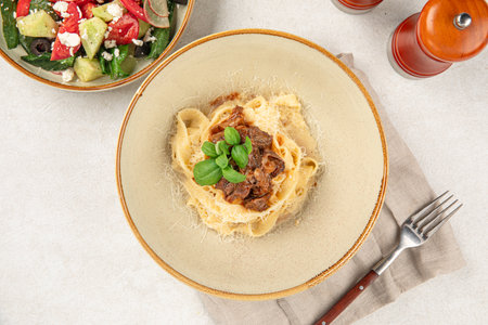 Portion of braised beef pasta pappardelleの写真素材