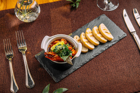 Portion of delicacy royal shrimp with toasted breadの写真素材