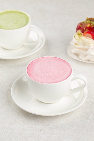 Various matcha cappuccino with dessertsの写真素材