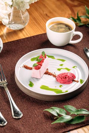 Portion of pink raspberry mousse dessertの写真素材